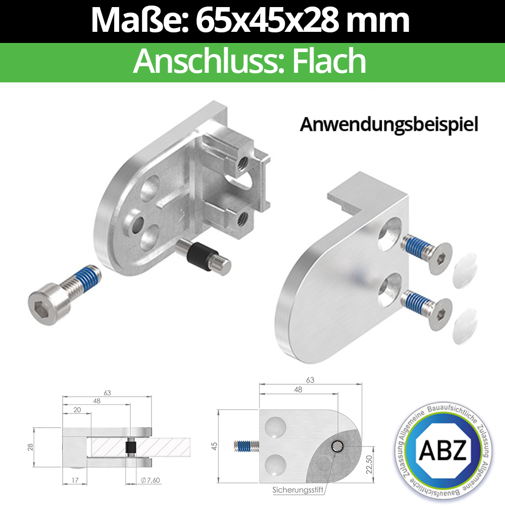 Glasklemme ABZ 65x45x28 mm Flach- ZAMAK - Zinkdruckguss- fuer 9-52 mm VSG Glas- Nein - Ohne Sicherungsstift-10-MODELL32-1-4-9.1