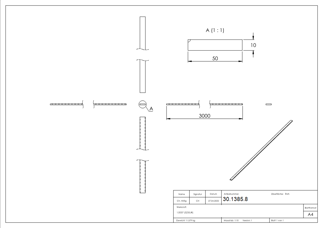 Flacheisen 50x10 mm Bandstahl 3m S235JR warmgewalzt Gelaenderbau-30-1385.8