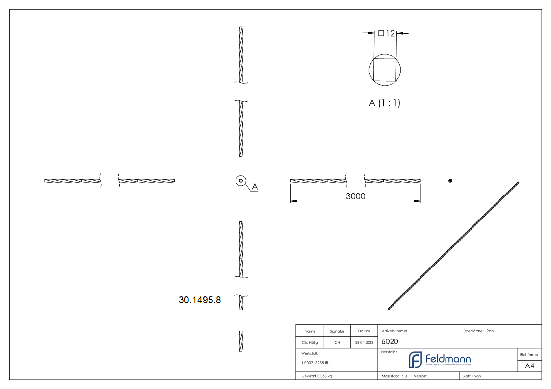 Vierkanteisen gedreht - Material- 12x12 mm - Laenge- 3000 mm - Stahl -Roh- S235JR-30-1495.8