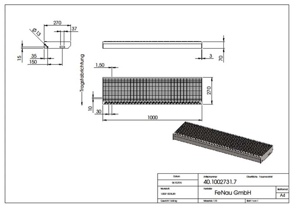 Gitterroststufe Treppenstufe Masse- 1000x270 mm 30-10 mm S235JR -St37-2- im Vollbad feuerverzinkt-40-1002731.7