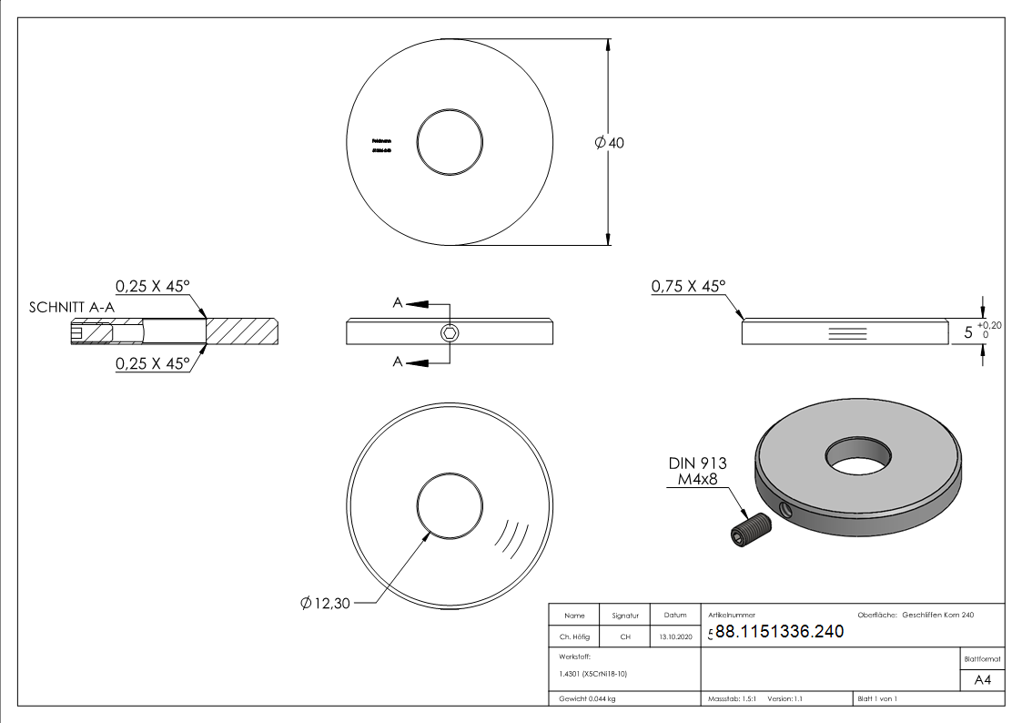 Abdeckscheibe V2A 40 x 5 mm- Bohrung 12-3 mm- Rundschliff- Fase- Madenschraube M4-88-1151336.240