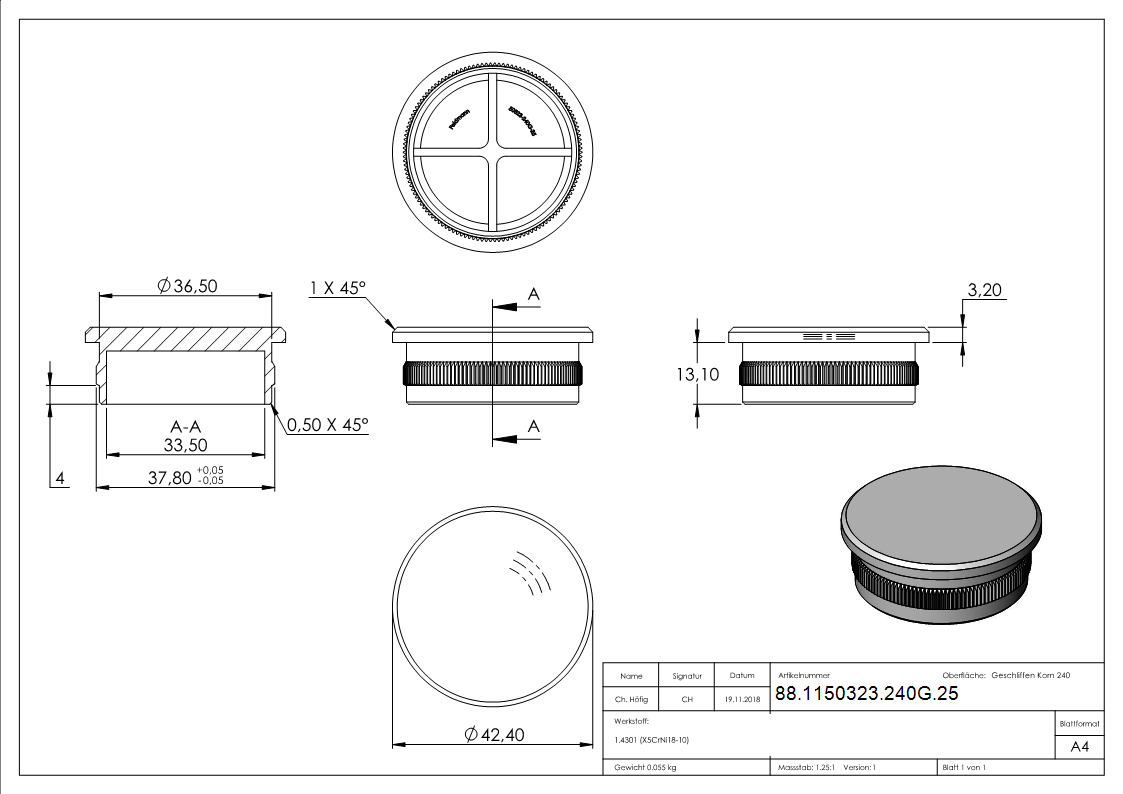 Einsteckkappe Edelstahl V2A fuer Rohr Ø 42-4 x 2-5 mm flach zum Einschlagen-88-1150323-240G.25