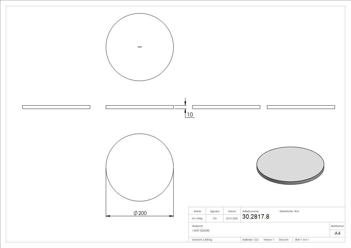 Ronde - Ø 200x10 mm - Stahl S235JR- roh-30-2817.8
