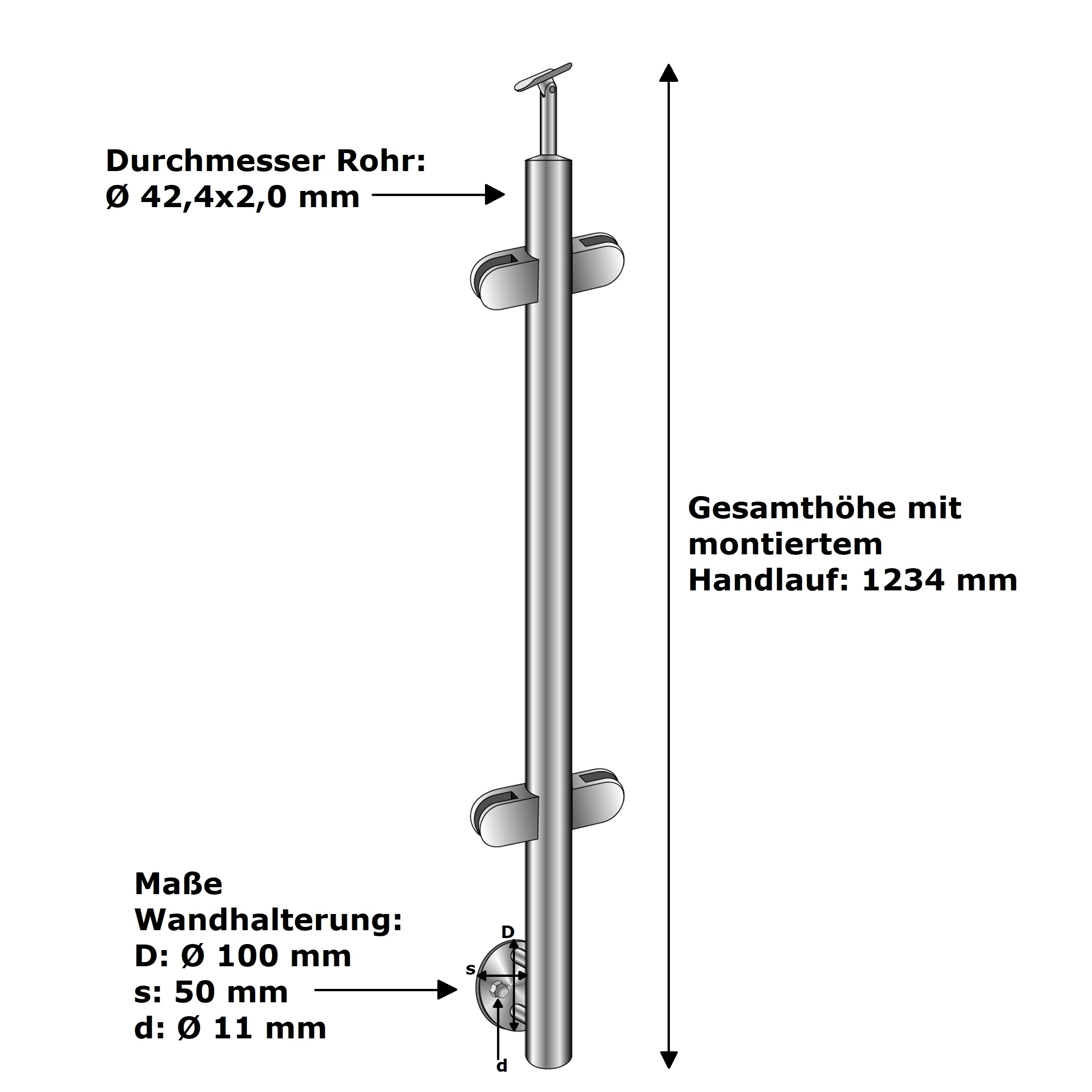 Treppenpfosten V2A 1000 mm fuer Glas seitlich-14-0047RG-A.4