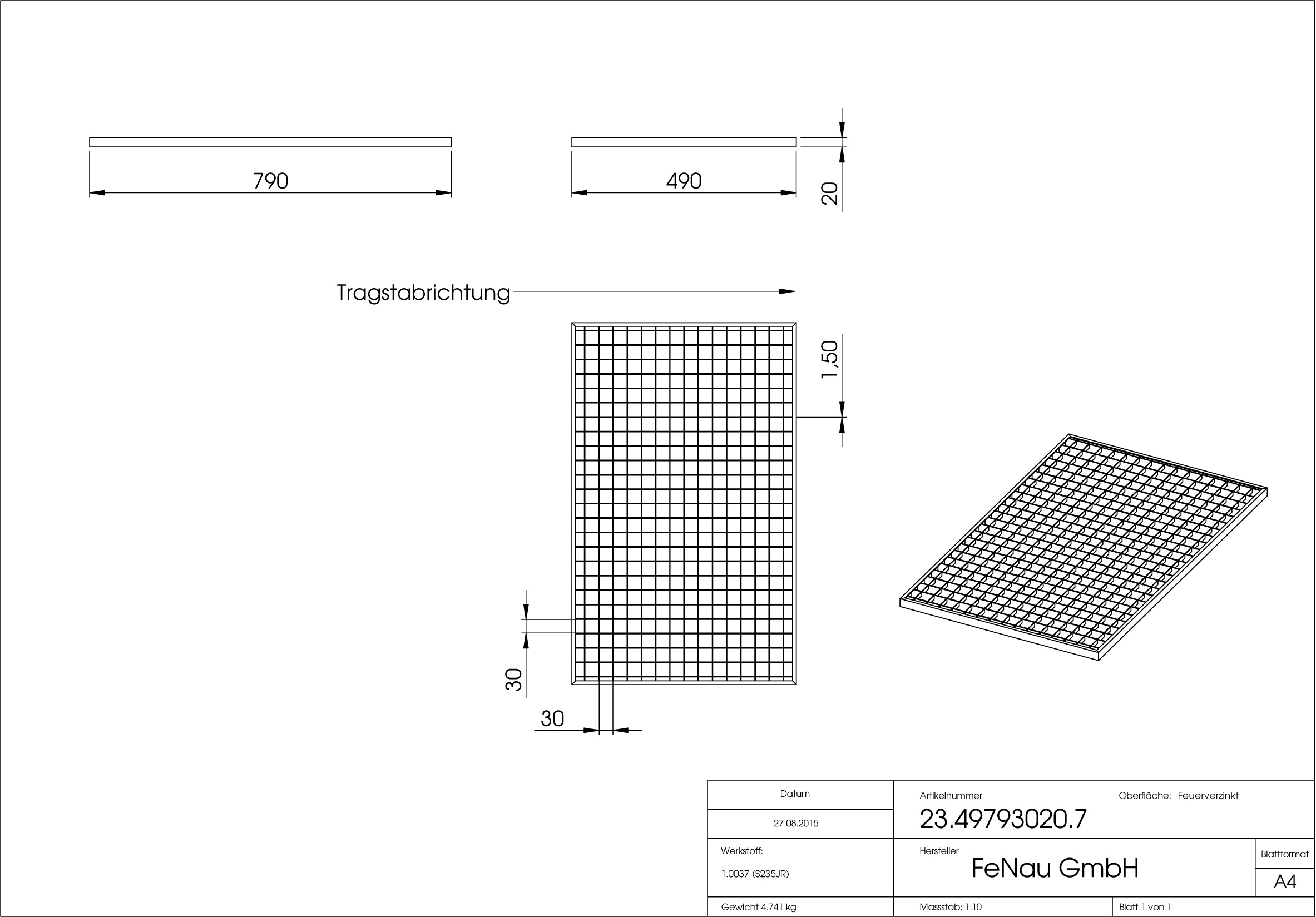 Lichtschachtrost Baunormrost - Masse-  490x790x20 mm 30-30 mm - aus S235JR -St37-2- im Vollbad feuerverzinkt-23-49793020.7