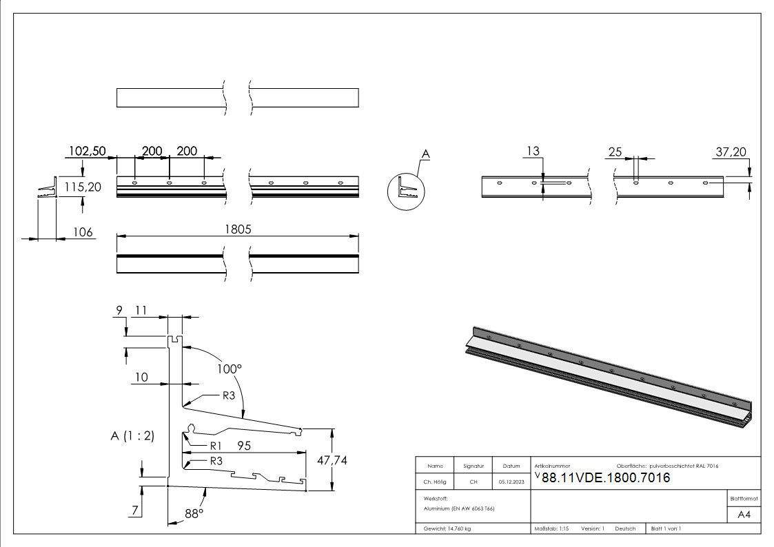Vordachprofil eleganza canopy- L- 1805mm- RAL7016-88-11VDE-1800.7016