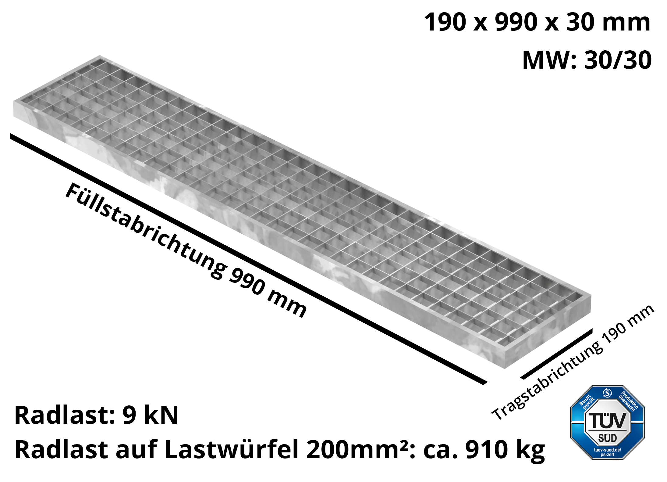 Garagen-Gitterrost - Masse-  190x990x30 mm 30-30 mm - aus S235JR -St37-2- im Vollbad feuerverzinkt-23-19993030.7