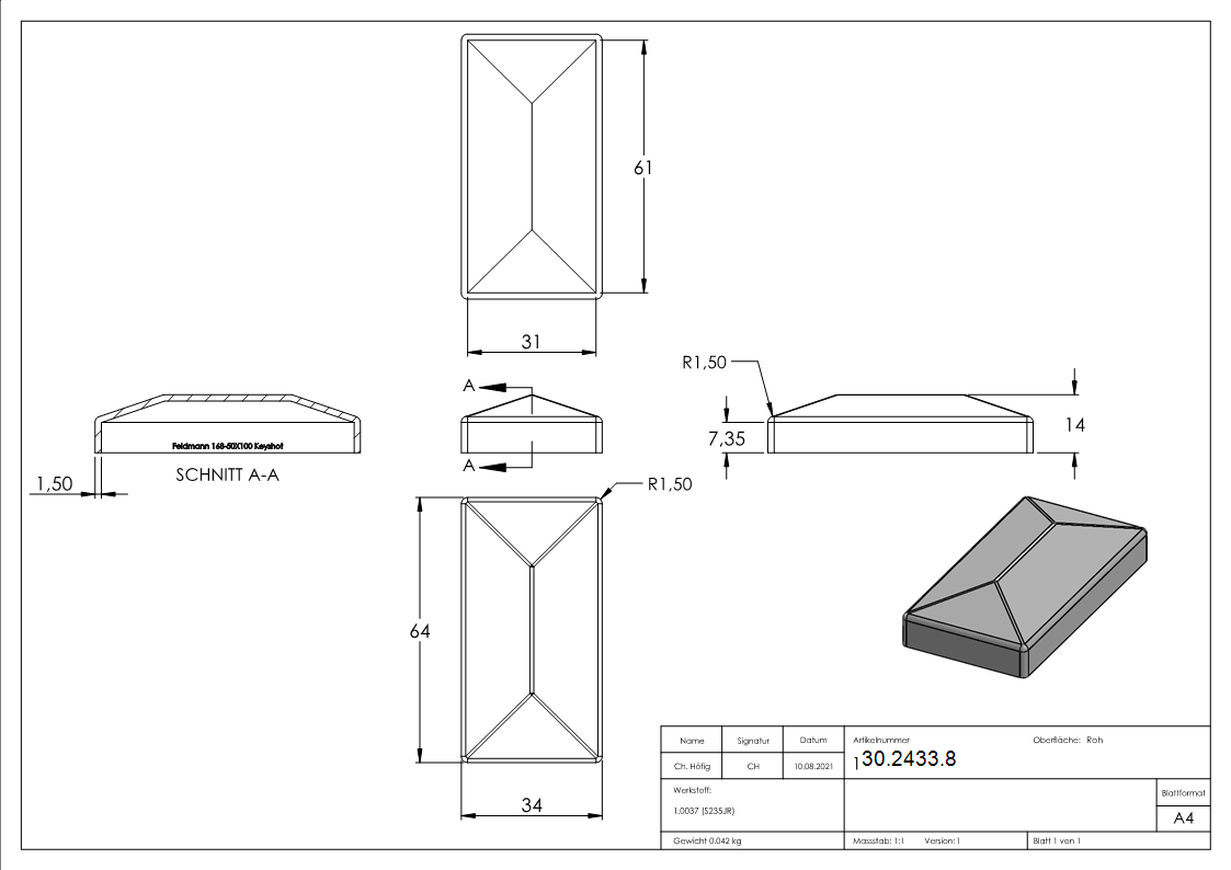 Pfeilerbedecker - fuer Rechteckrohr - Masse- 60x30 mm - Stahl S235JR- roh-30-2433.8