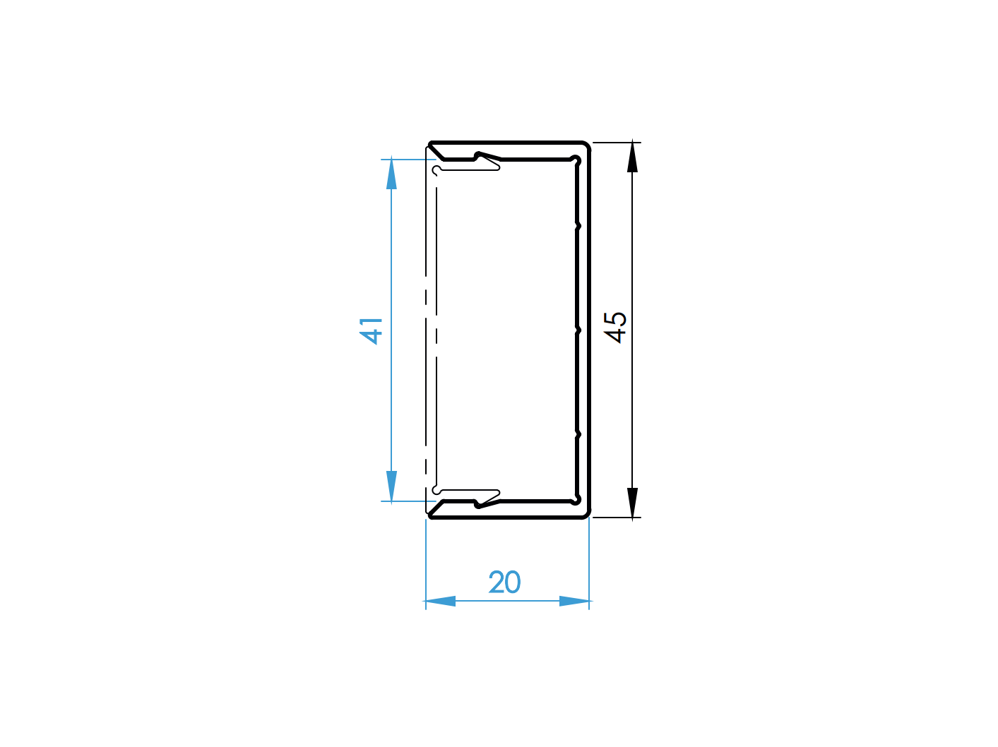 Adapterprofil Aluminium 45x20 mm 6-0 m fuer 40 mm Fuellungen Natur-89-11FGAL40U6000N-A.4