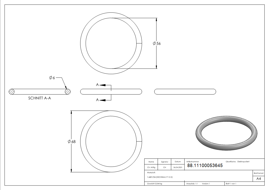Ring Edelstahl V4A Ø 68 mm aus Rundmaterial Ø 6 mm verschweisst elektropoliert-88.11100053645