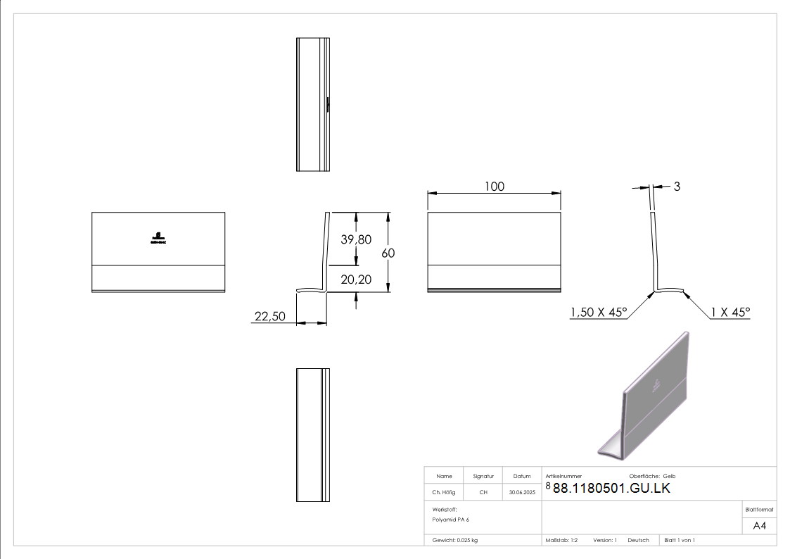 L-Keil Gummi fuer Glas 16-76–17-52 mm gelb zum Einlegen ins Profil-88-1180501-GU.LK