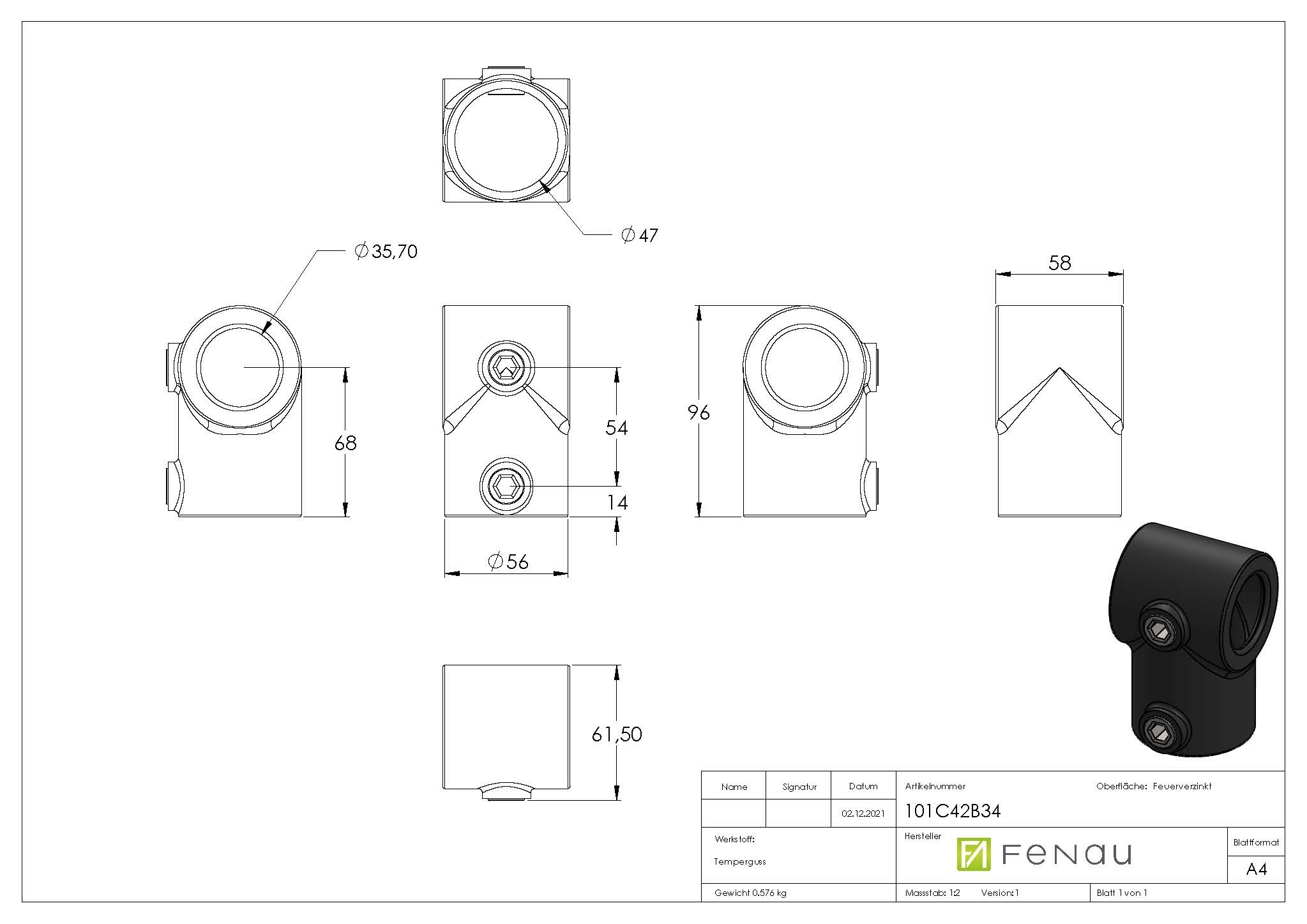Rohrverbinder T-Stueck kurz Ø 42-4 mm -1 1-4- - 33-7 mm -1- - Temperguss verzinkt - 101C42-B34-101C42-B34