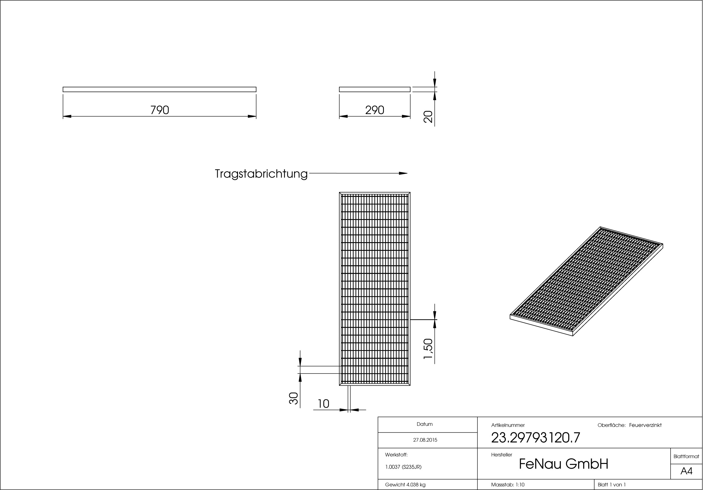 Lichtschachtrost Baunormrost - Masse-  290x790x20 mm 30-10 mm - aus S235JR -St37-2- im Vollbad feuerverzinkt-23-29793120.7