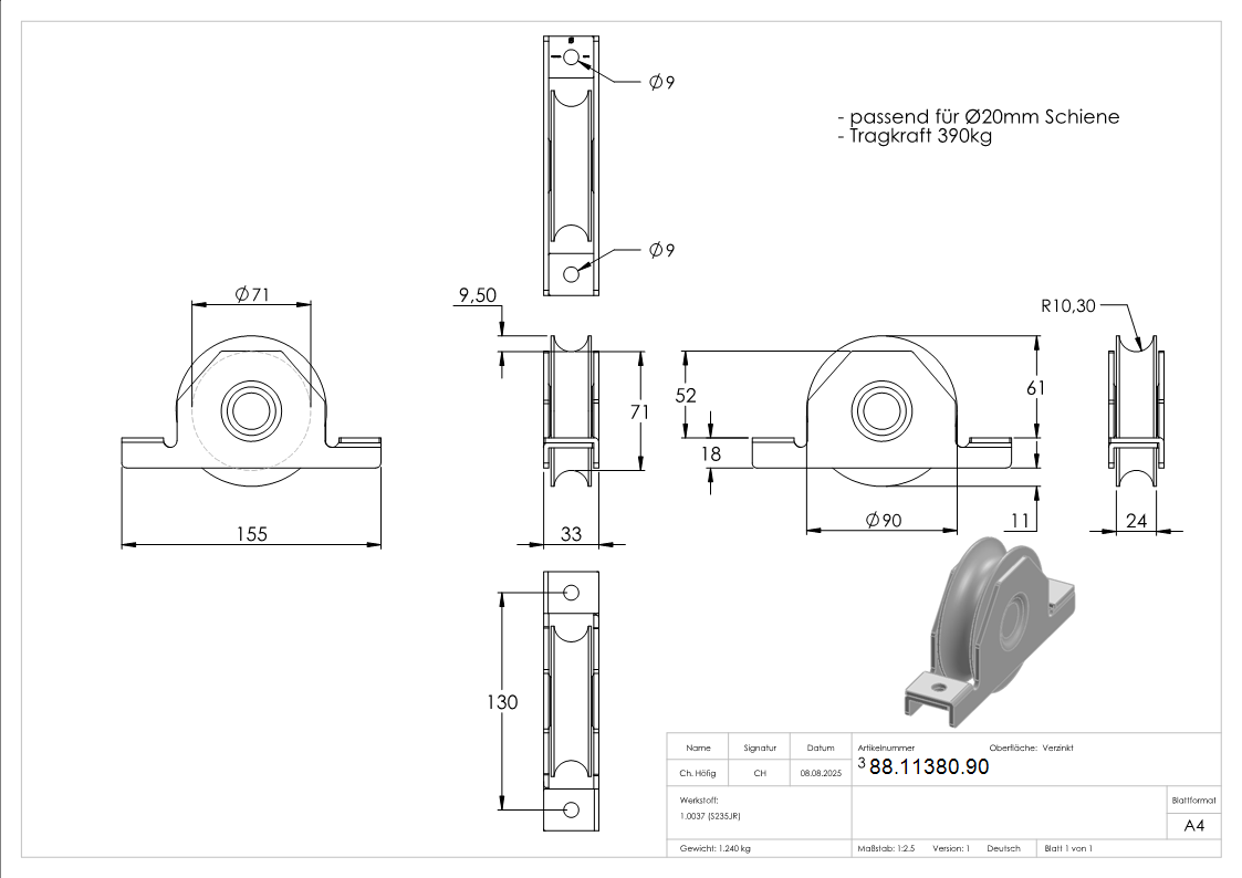 Schiebetorrolle Stahl galvanisch verzinkt Ø 90 mm fuer Schiene Ø 20 mm 2 Kugellager-88-11380.90