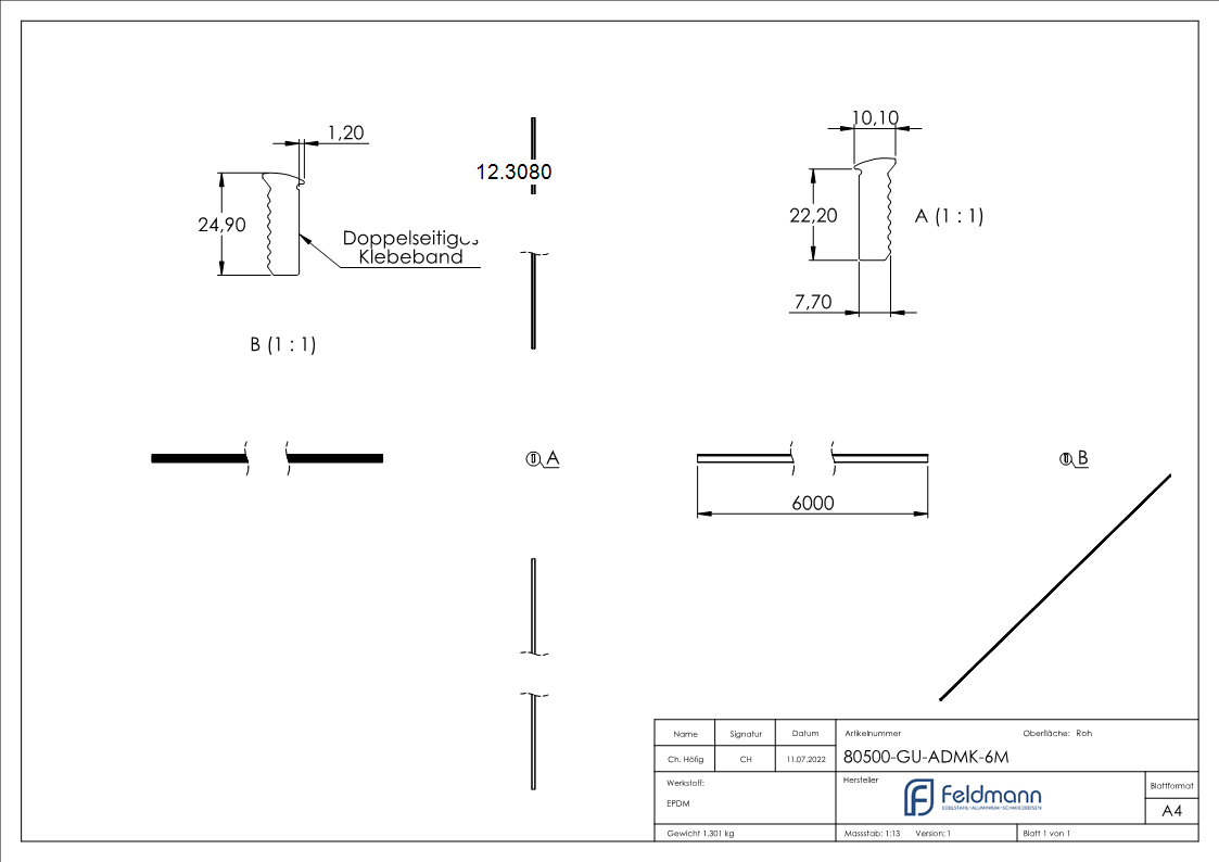 Abschlussdichtung - fuer Glas- 12-76-13-52 mm - fuer Profil-Aussenseite - mit doppelseitigem Klebeband - Kautschuk-12.3080