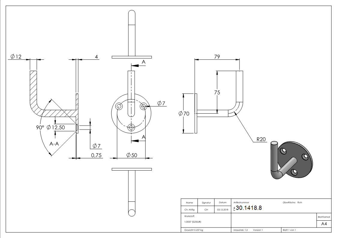 Handlaufhalter Stahl Ronde 70x4 mm Buegel Ø12 mm zum Anschweissen-30-1418.8