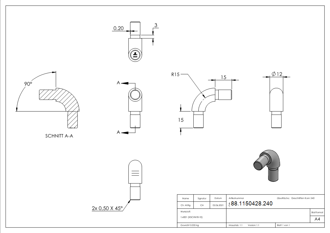 Rohrverbinder V2A fuer Rohr Ø 12 x 1-5 mm 90° zum Einkleben geschliffen K240-88-1150428.240