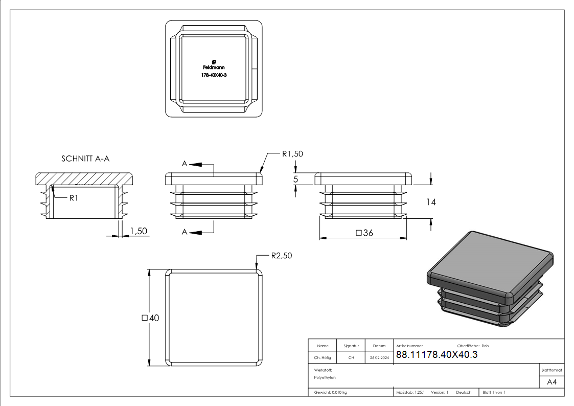 Einsteckkappe Kunststoff fuer Quadratrohr 40x40 mm Wandstaerke 3-0 mm schwarz-88-11178-40X40.3