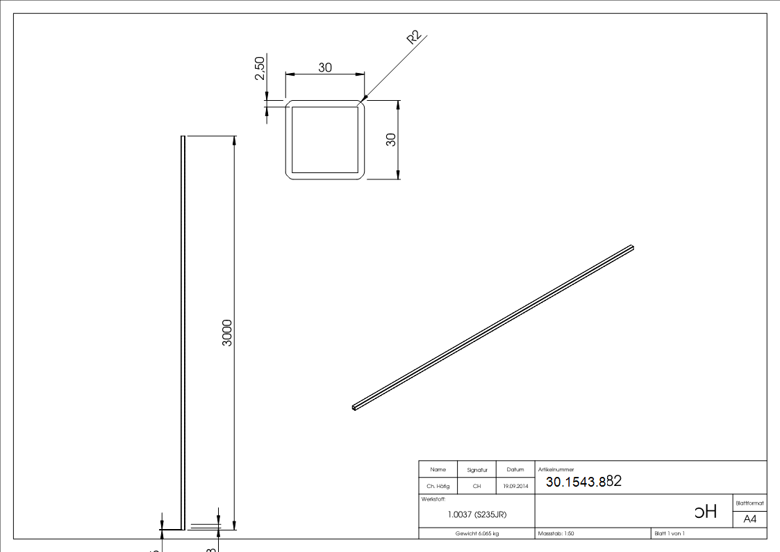 Quadratrohr gehaemmert 30x30x2-5 mm 3000 mm Stahl S235JR- roh-30-1543.8