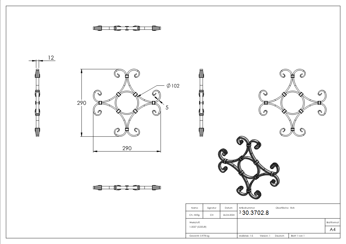 Zierelement - Masse- 290x290mm - Material- 12x5 mm - Stahl S235JR- roh-30-3702.8