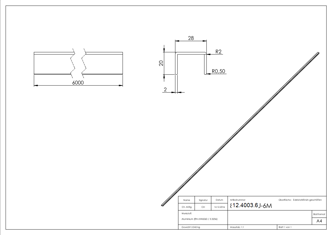 U-Profil - Masse- 28x20x2 mm - Laenge- 6000 mm - Aluminium elox- E4-EV1-12-4003.6