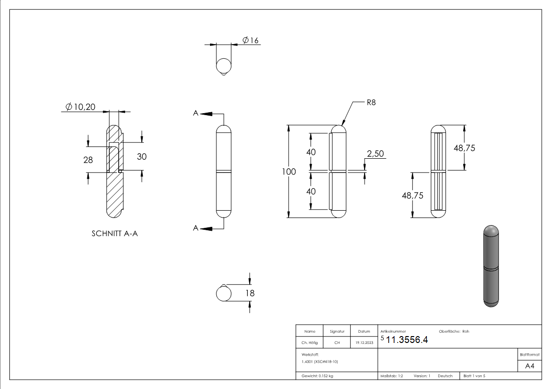 Anschweissband V2A Edelstahl 100 mm – 200 kg Tragkraft – fester Stift Ø16 mm-11-3556.4