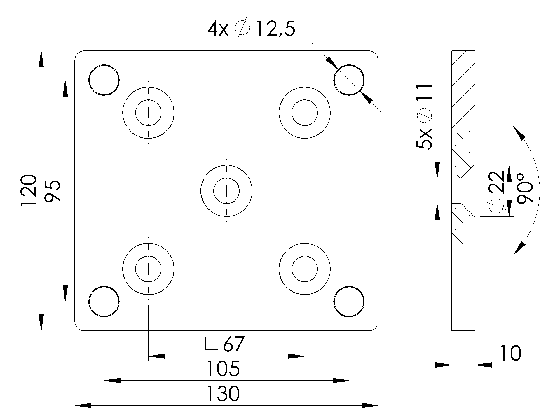 Ankerplatte Aluminium 120x130x10 mm fuer Pfosten 80x80 mm Anthrazit RAL 7016-89.FGBP120X130X10R7016