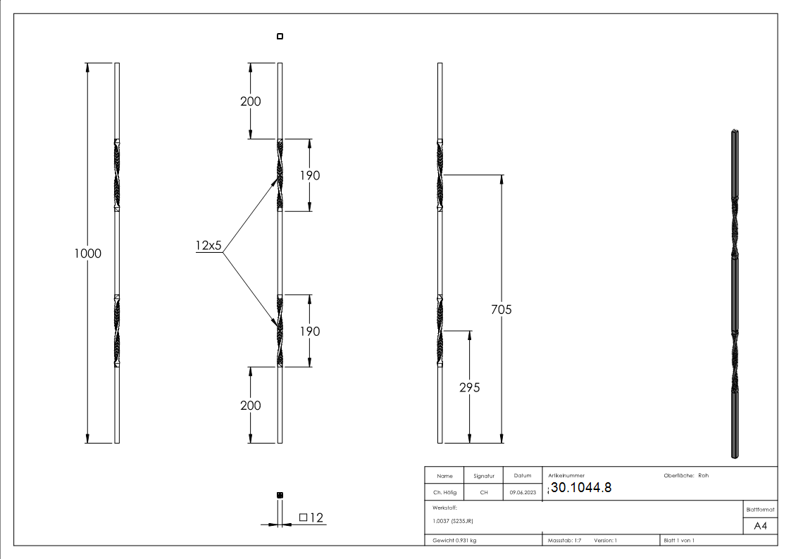 Zwischenstab - Laenge- 900 mm - Material- 12x12 mm - glatt - Stahl S235JR- roh-30-1044.8