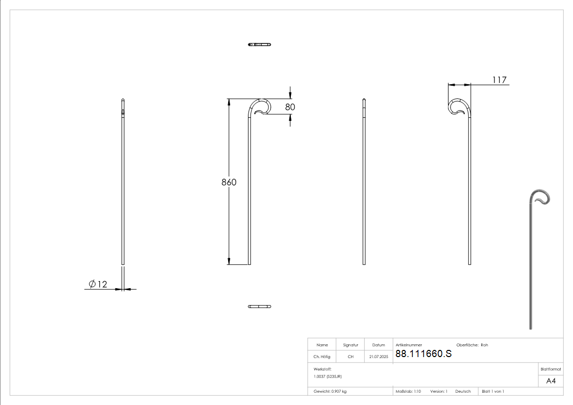 Zaunstab Stahl roh Ø 12 mm L = 860 mm oben eingerollt-88-111660.S