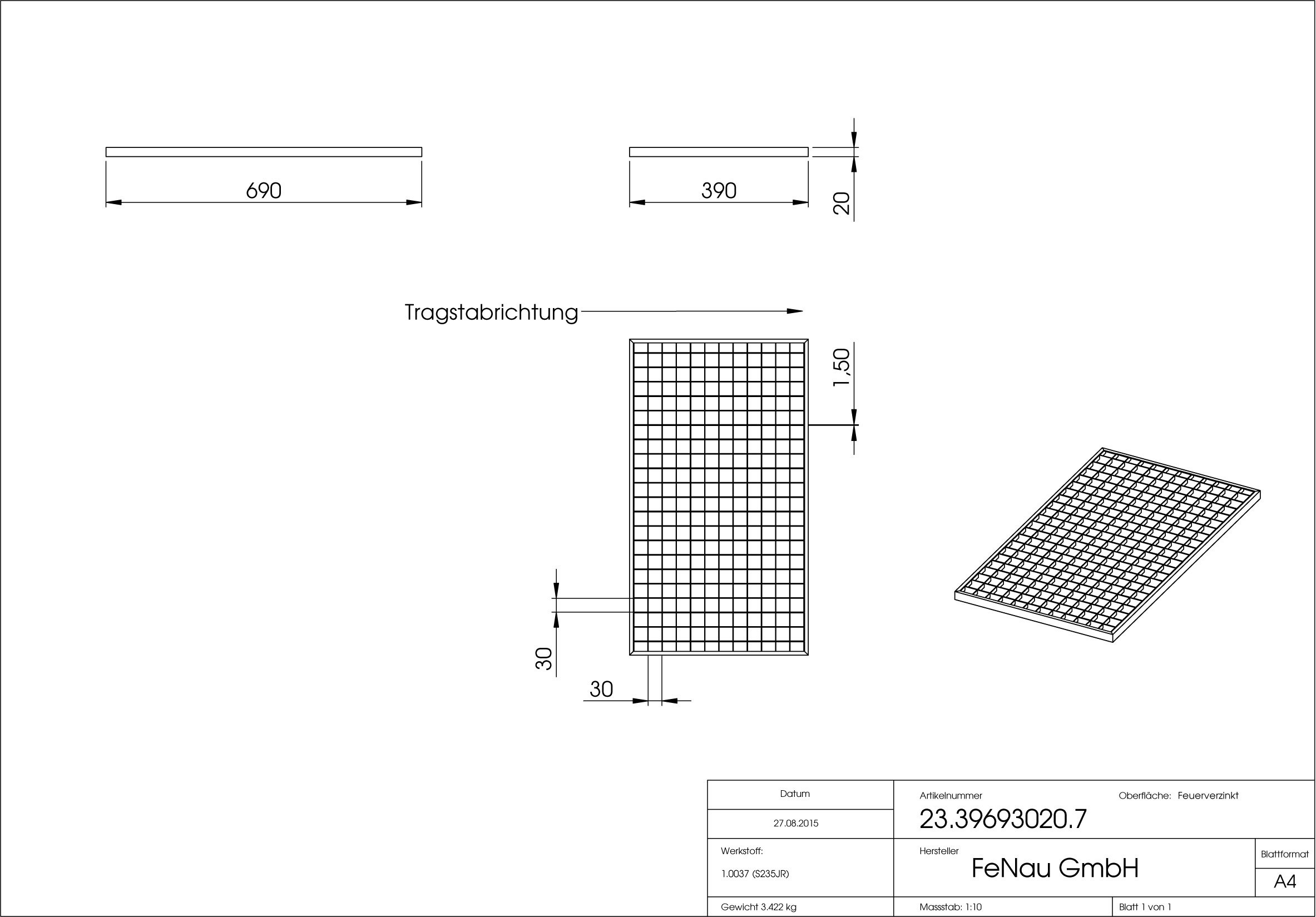 Lichtschachtrost Baunormrost - Masse-  390x690x20 mm 30-30 mm - aus S235JR -St37-2- im Vollbad feuerverzinkt-23-39693020.7