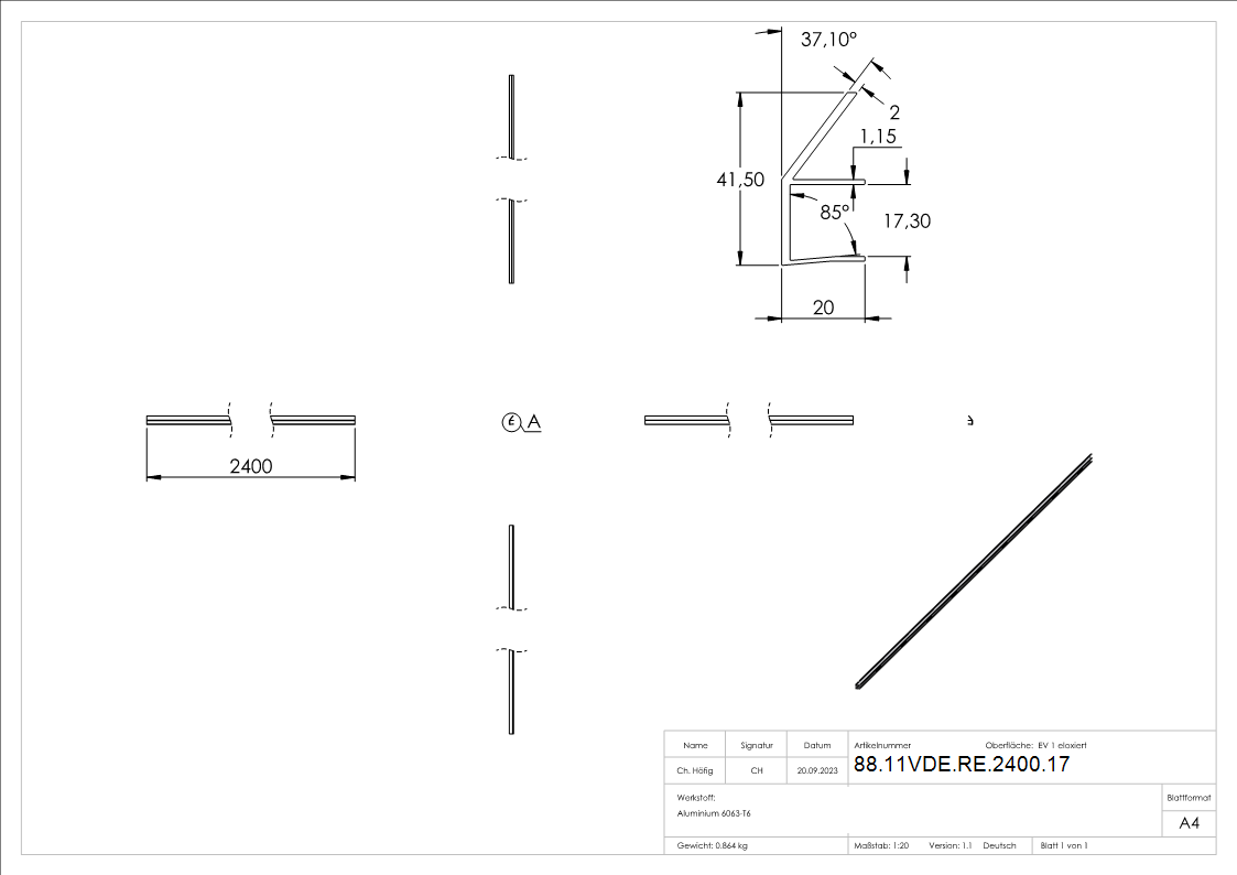 Regenrinne Aluminium eloxiert fuer Glas 17-52 mm L = 2400 mm Vordachsystem-88-11VDE-RE-2400.17