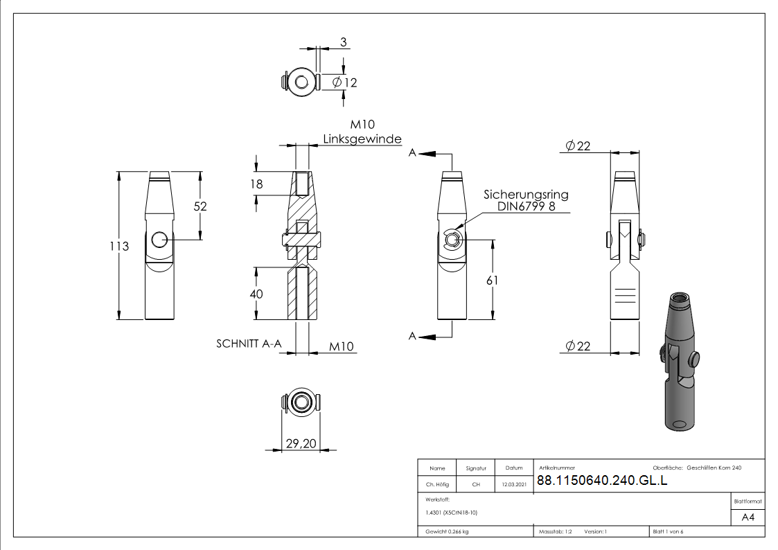Gelenk Punkthalter Edelstahl V2A M10 Gewinde fuer Zugstangen-88-1150640-240-GL.L