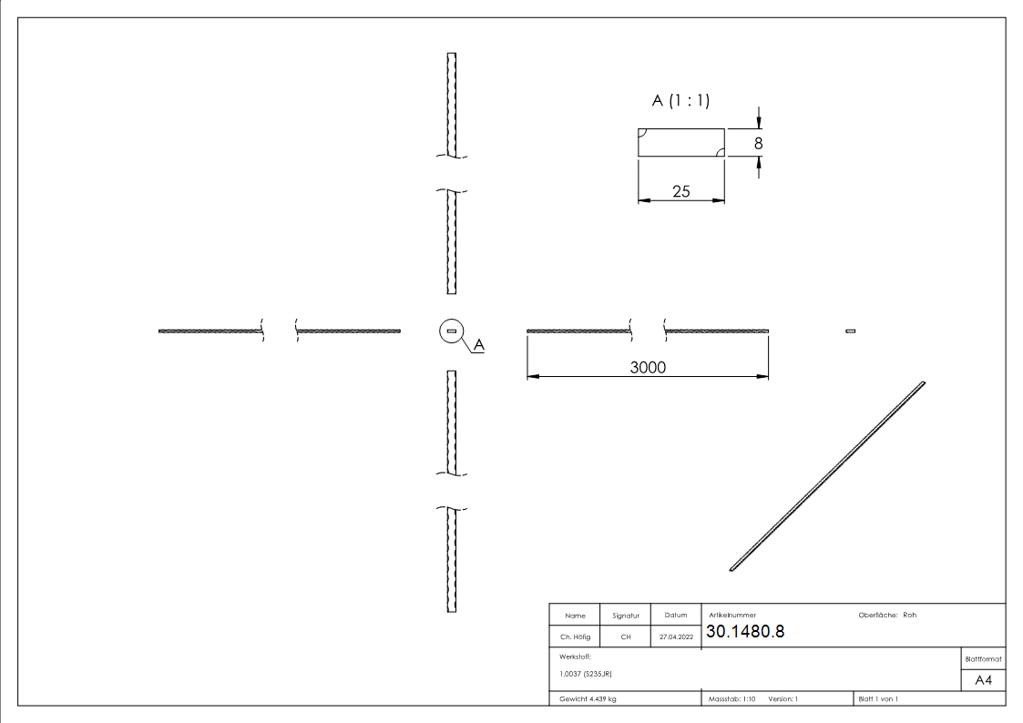 Flacheisen 25x8 mm Kanten gehaemmert 3000mm Schmiedeeisen Antik-30-1480.8