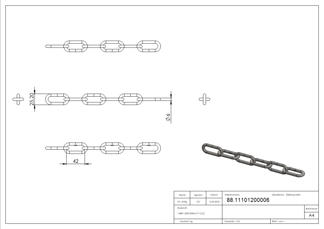 VA-Kette DIN 763- Ø 6mm-88.11101200006