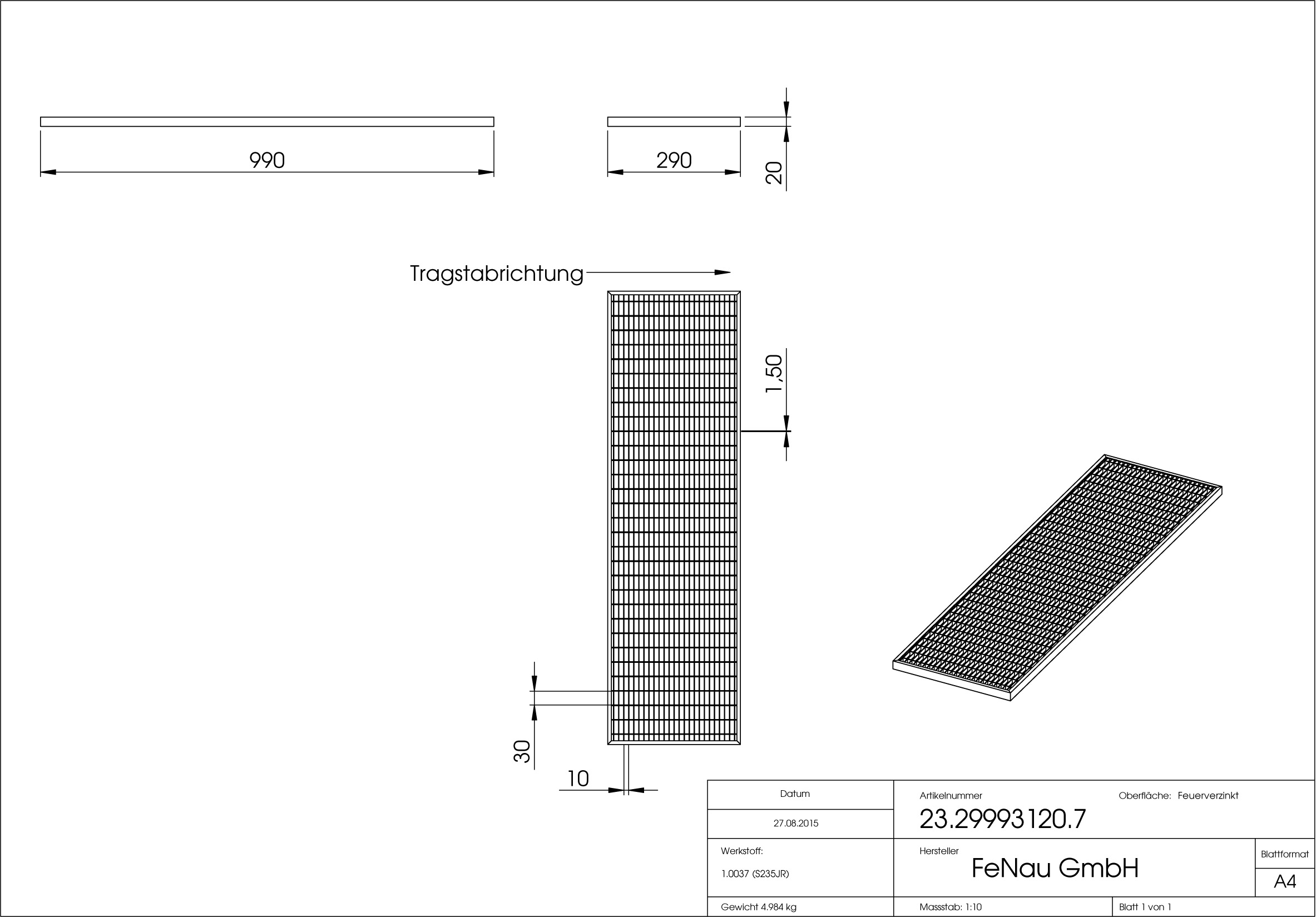 Lichtschachtrost Baunormrost - Masse-  290x990x20 mm 30-10 mm - aus S235JR -St37-2- im Vollbad feuerverzinkt-23-29993120.7