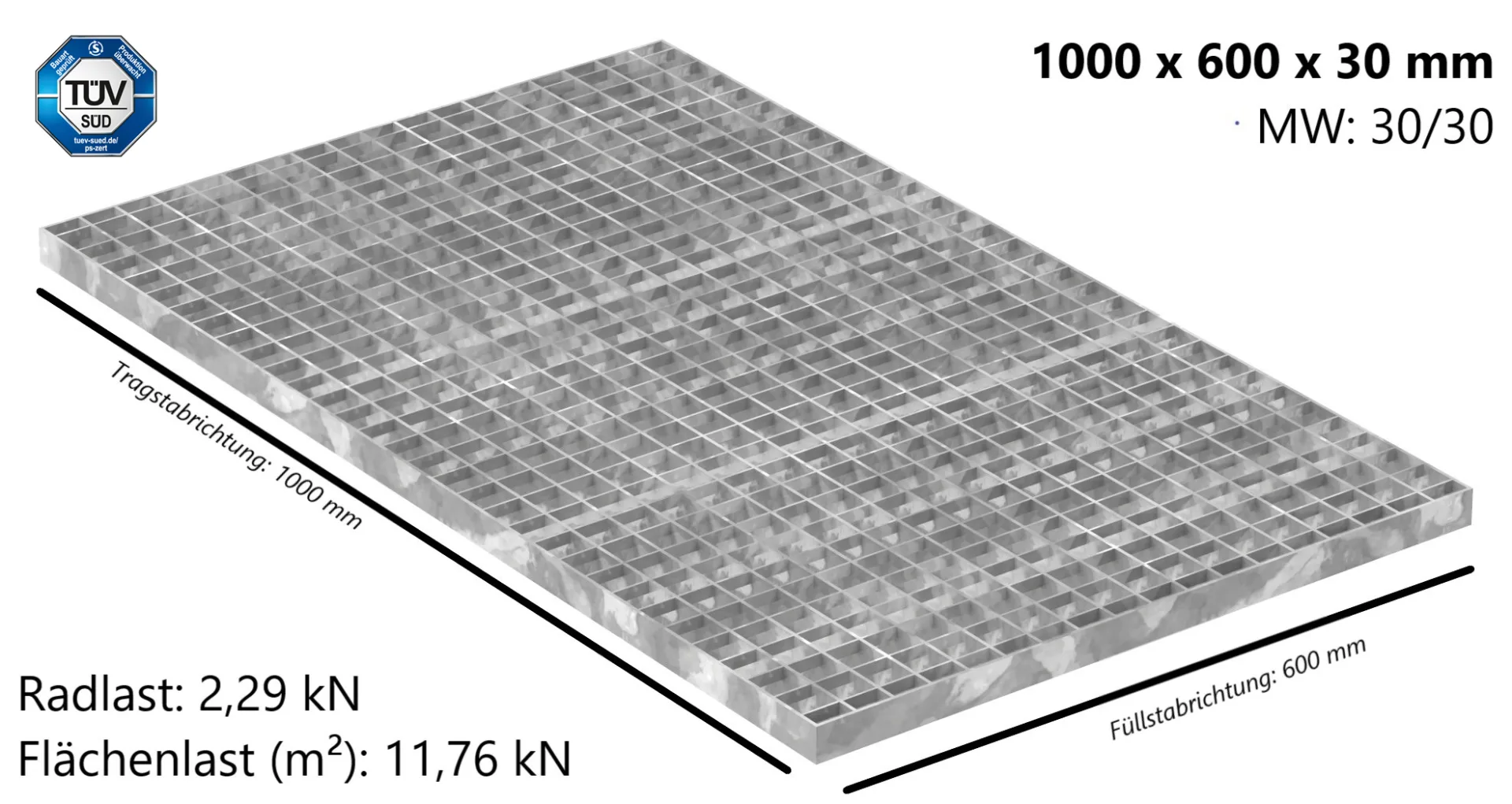 Industrie-Gitterrost - Masse- 1000x600x30 mm; MW 30-30 mm; 30-3 mm - S235JR -St37-2- im Vollbad feuerverzinkt-21-1006030303.7