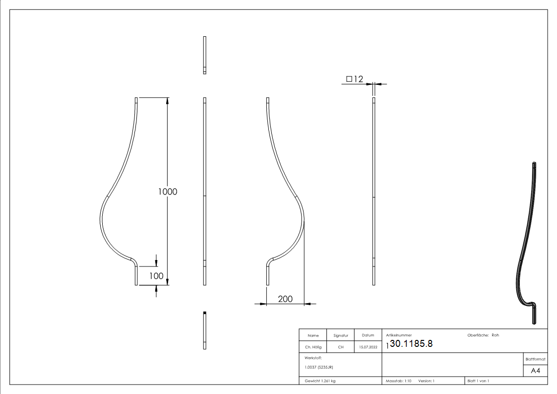 Bauchstab - Laenge- 1000 mm - Material- 12x12 mm - Stahl S235JR- roh-30-1185.8