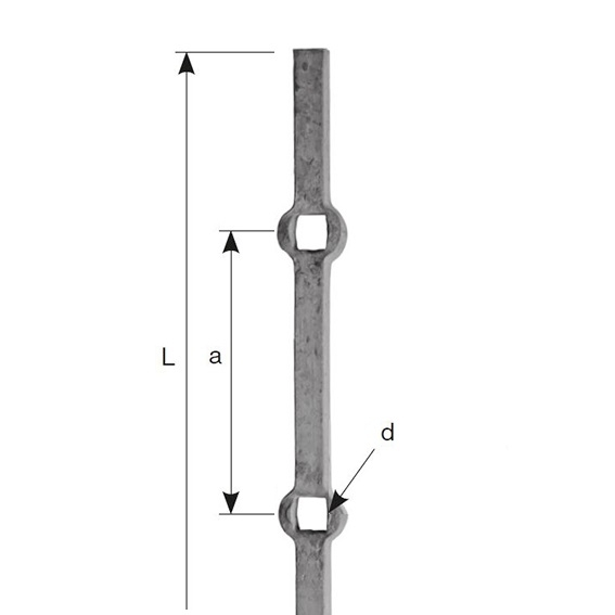Vierkant Zierstab Stahl 14x14 mm mit Loechern- L 2000 mm-89-11P09714X14-A.4