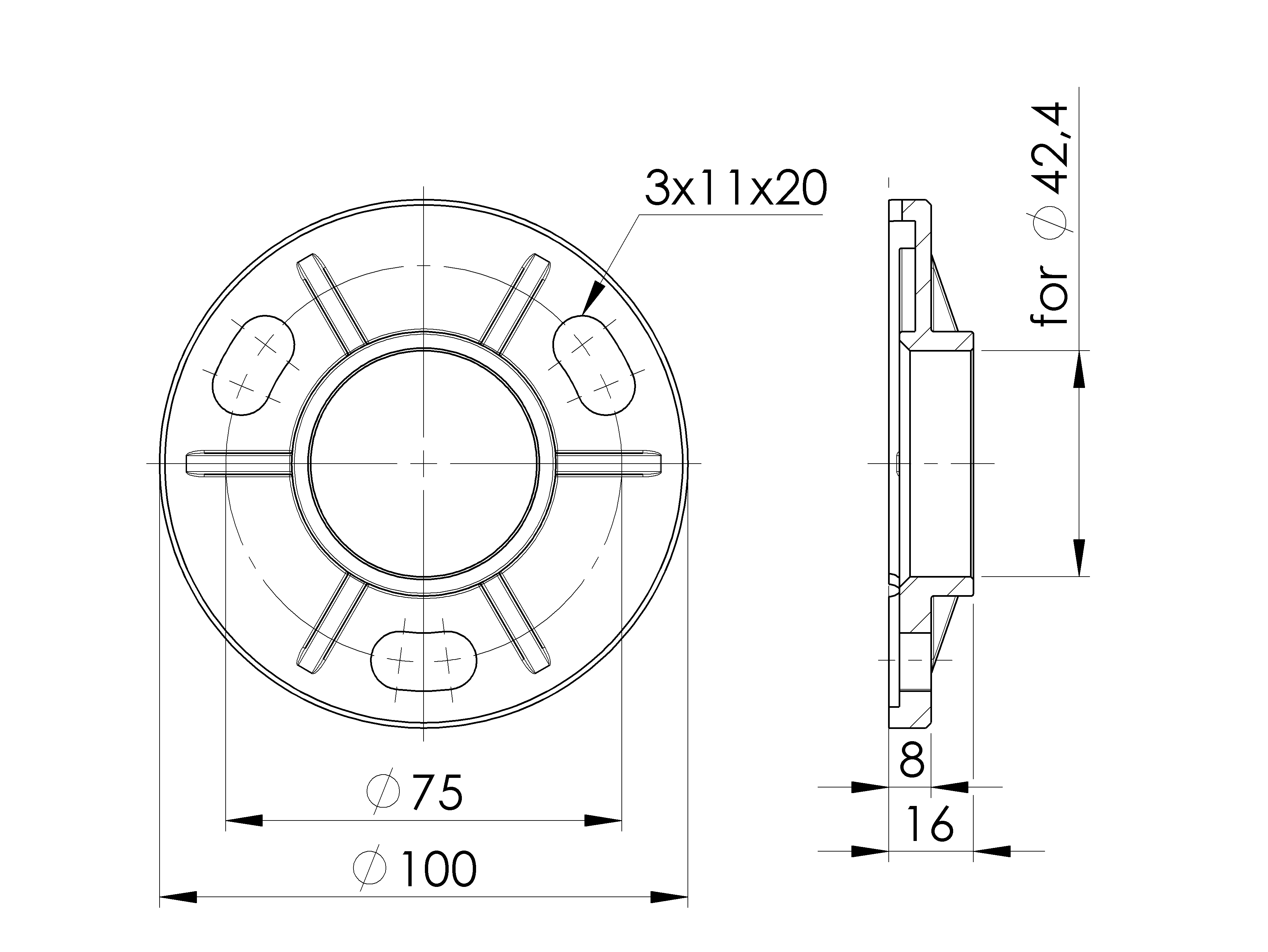 Bodenflansch Edelstahl AISI 304 geschliffen mit ovalen Oeffnungen-89-11A0947042N-A.4