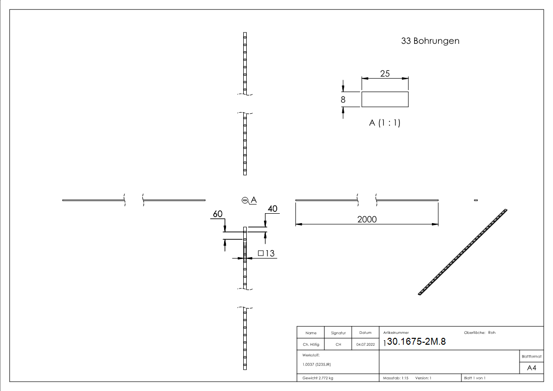 Gestanzte Stange Masse- 25x8 mm Laenge- 2000 mm Stahl S235JR- roh-30-1675-2M.8