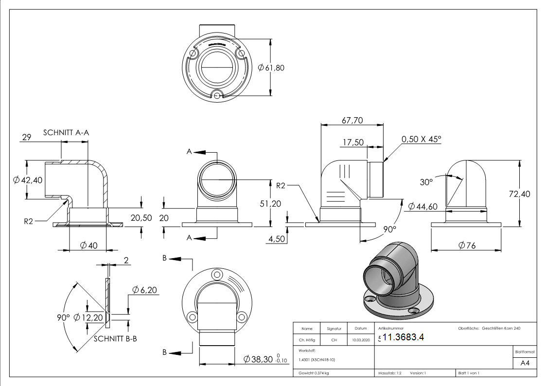 Wandhalter V2A fuer Rohr Ø 42-4 mm 90° kurz zum Stecken-11-3683.4