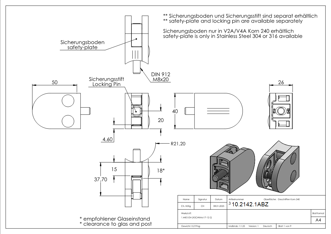 Glasklemme 50x40x26 mm AbZ fuer Anschluss Ø 42-4 mm V4A-10-2142.1ABZ