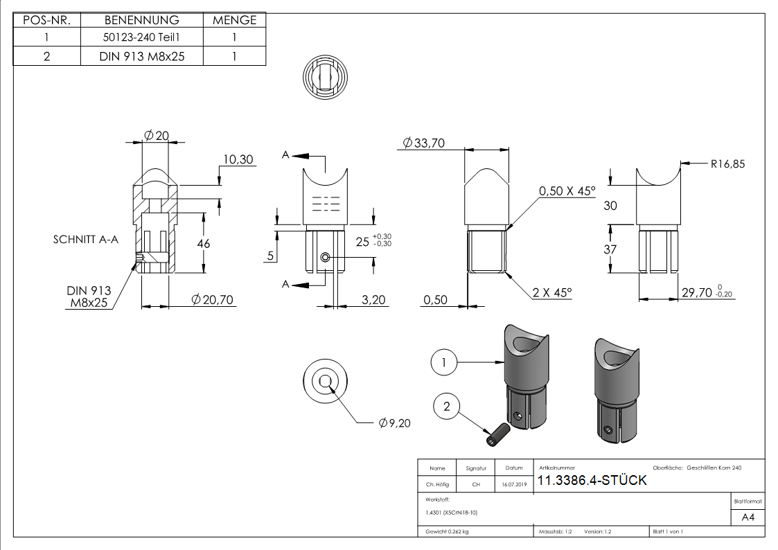 Anschlussstueck 90 V2A fuer Rohr Ø 33-7 mm mit Klemmschraube-11-3386.4-STUeCK