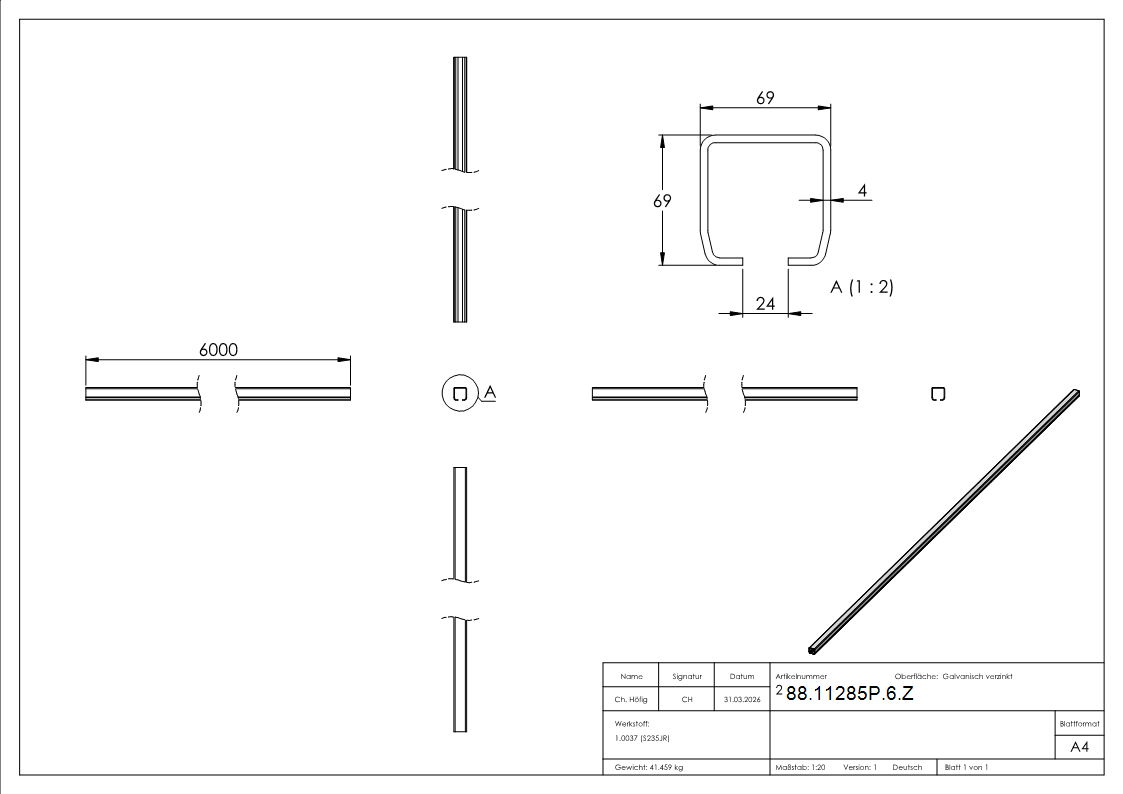 Schiebetorlaufschiene Stahl verzinkt 67 x 67 x 4-0 mm Lnge 6 m freitragend-88-11285P-6.Z
