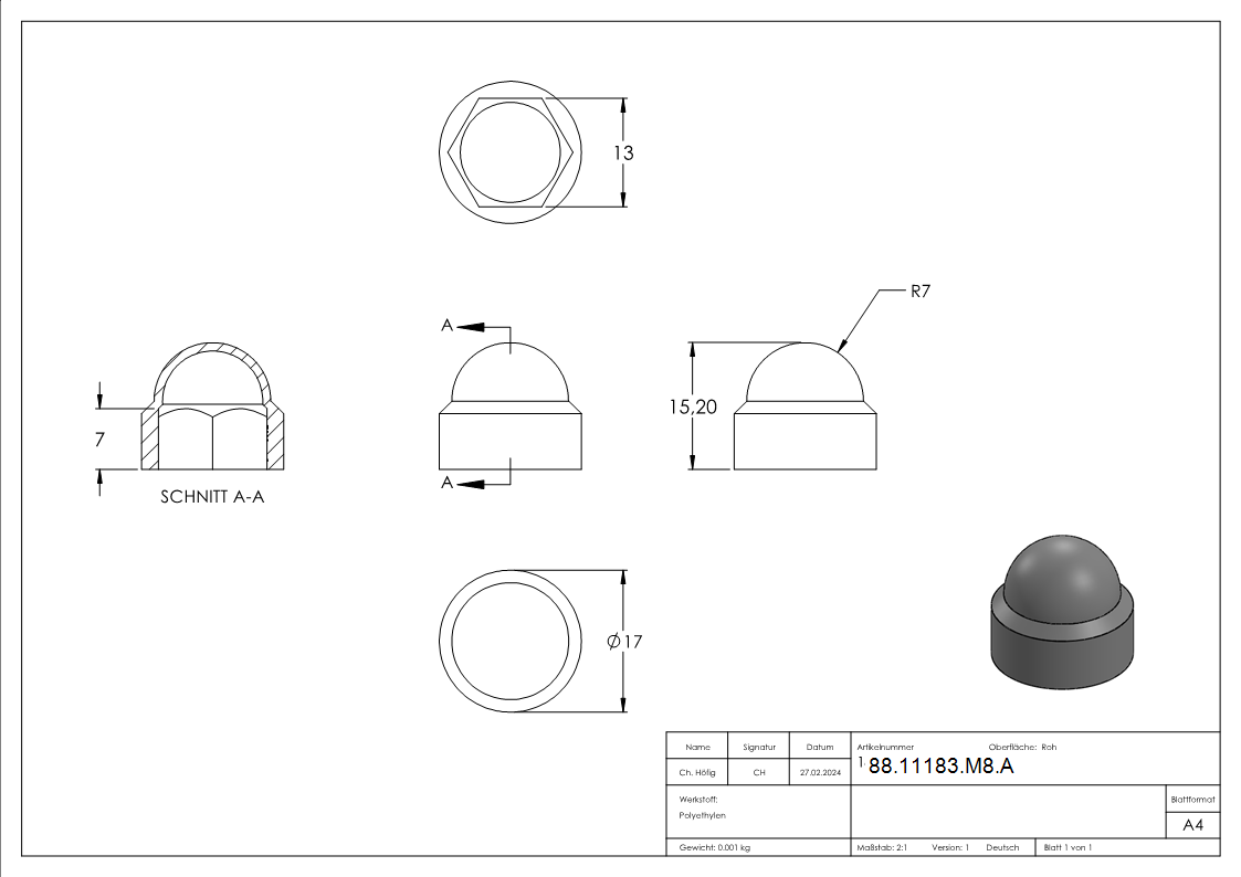 Sechskant-Schutzkappe fuer M8- RAL 7016-88-11183-M8.A