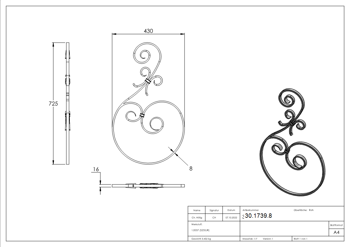 Vordachelement - Masse- 430x725 mm - Material- 16x8 mm - Stahl S235JR- roh-30-1739.8