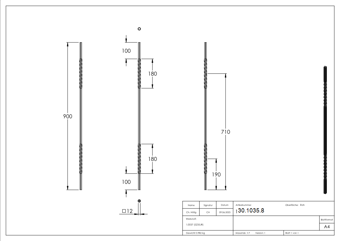 Zwischenstab - Laenge- 900 mm - Material- 12x12 mm - gerillt - Stahl S235JR- roh-30-1035.8
