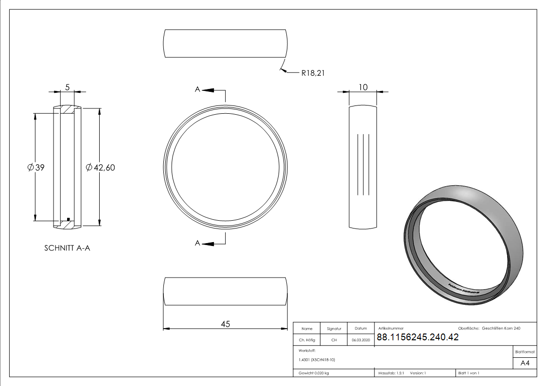 Verbindungsring V2A fuer Rohr Ø 42-4 mm geschliffen Korn 240-88-1156245-240.42