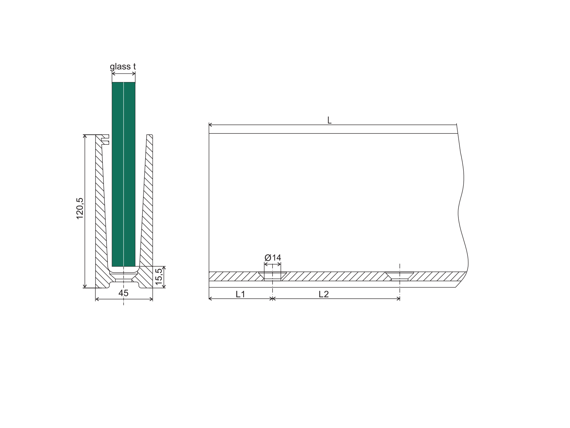 Ganzglasprofil Aluminium 5000 mm obere Befestigung Satin-ELOX-89-11AL00045000SE-A.4