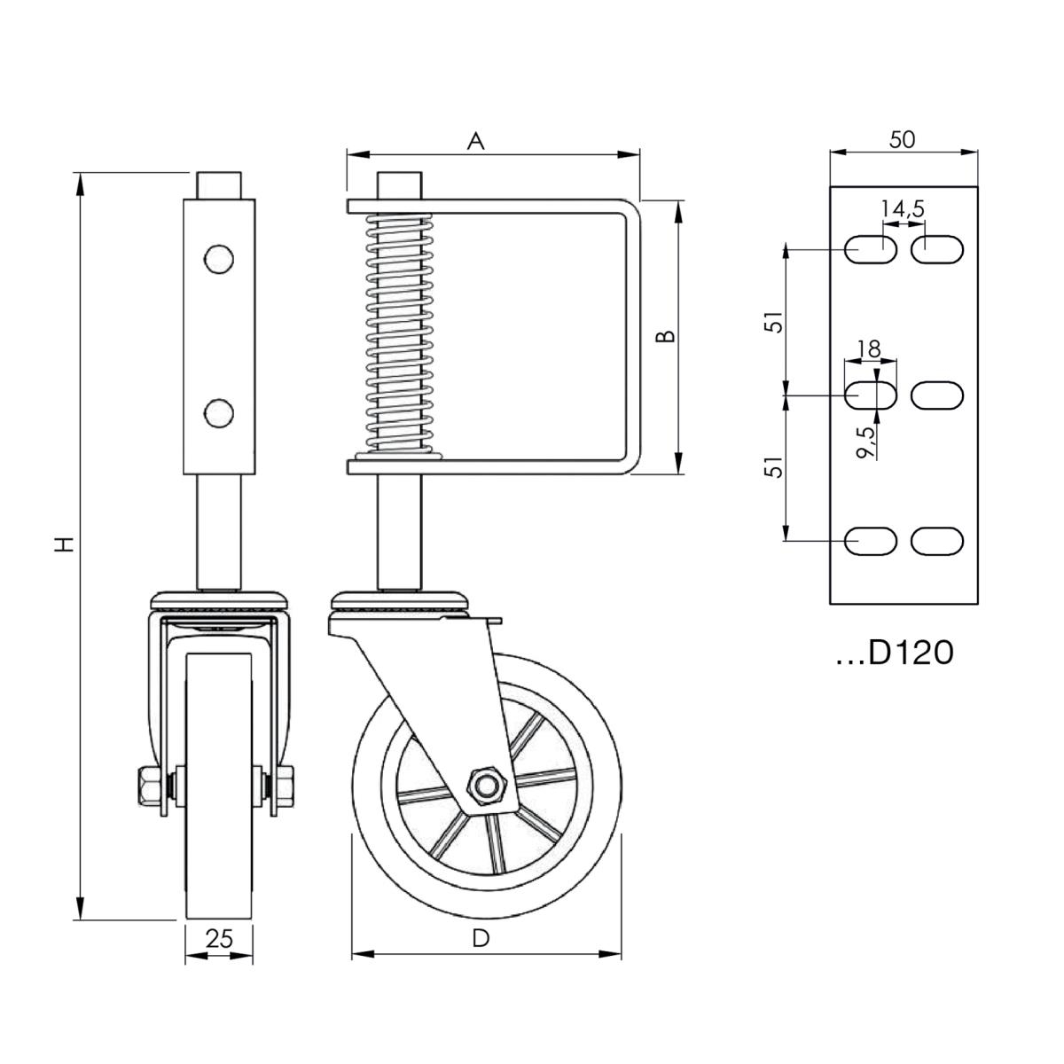 Torrolle gefedert Stahl verzinkt Ø 123 mm Gesamthoehe 355 mm-89-11HPK01D120-A.4
